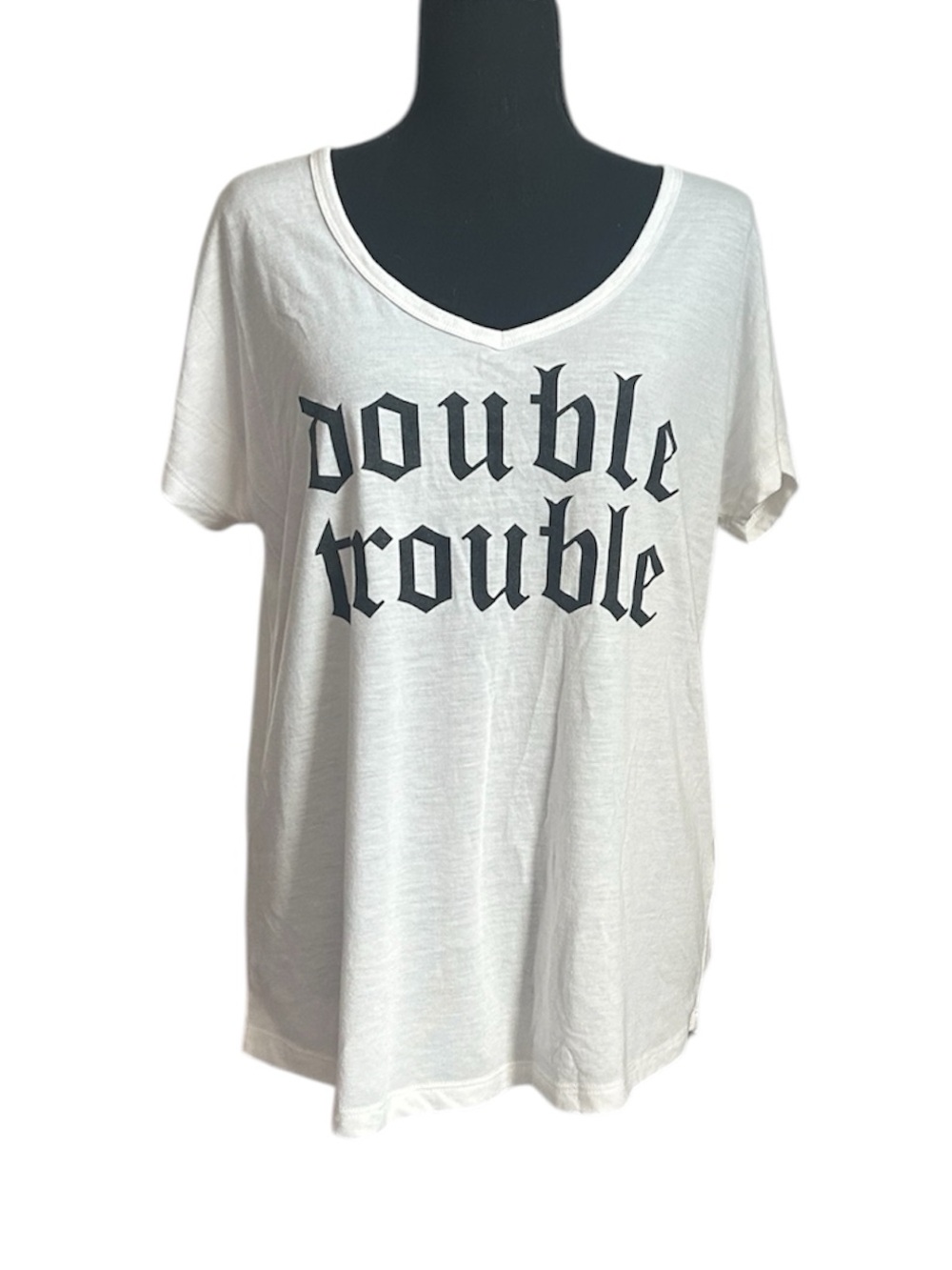 5/25$ ✨ Double Trouble White Graphic V-Neck Tee 🤍🖤